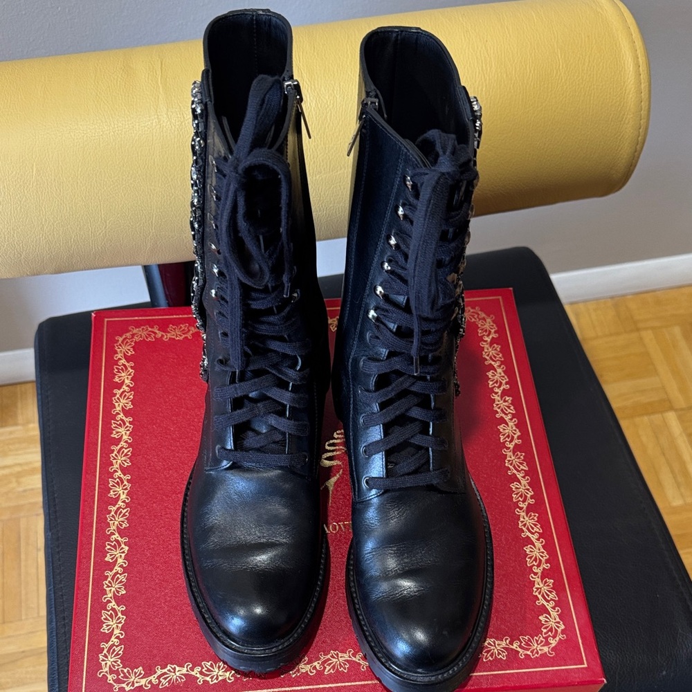 Rene Caovilla Black Leather Lace-Up Combat Boots with Crystal Side Embellishment